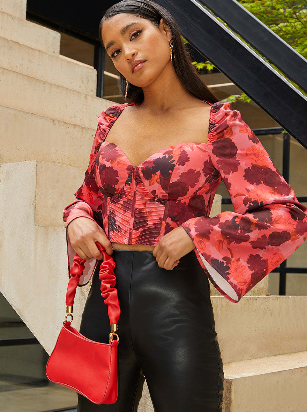 Long Sleeve Corset Style Floral Top in Red