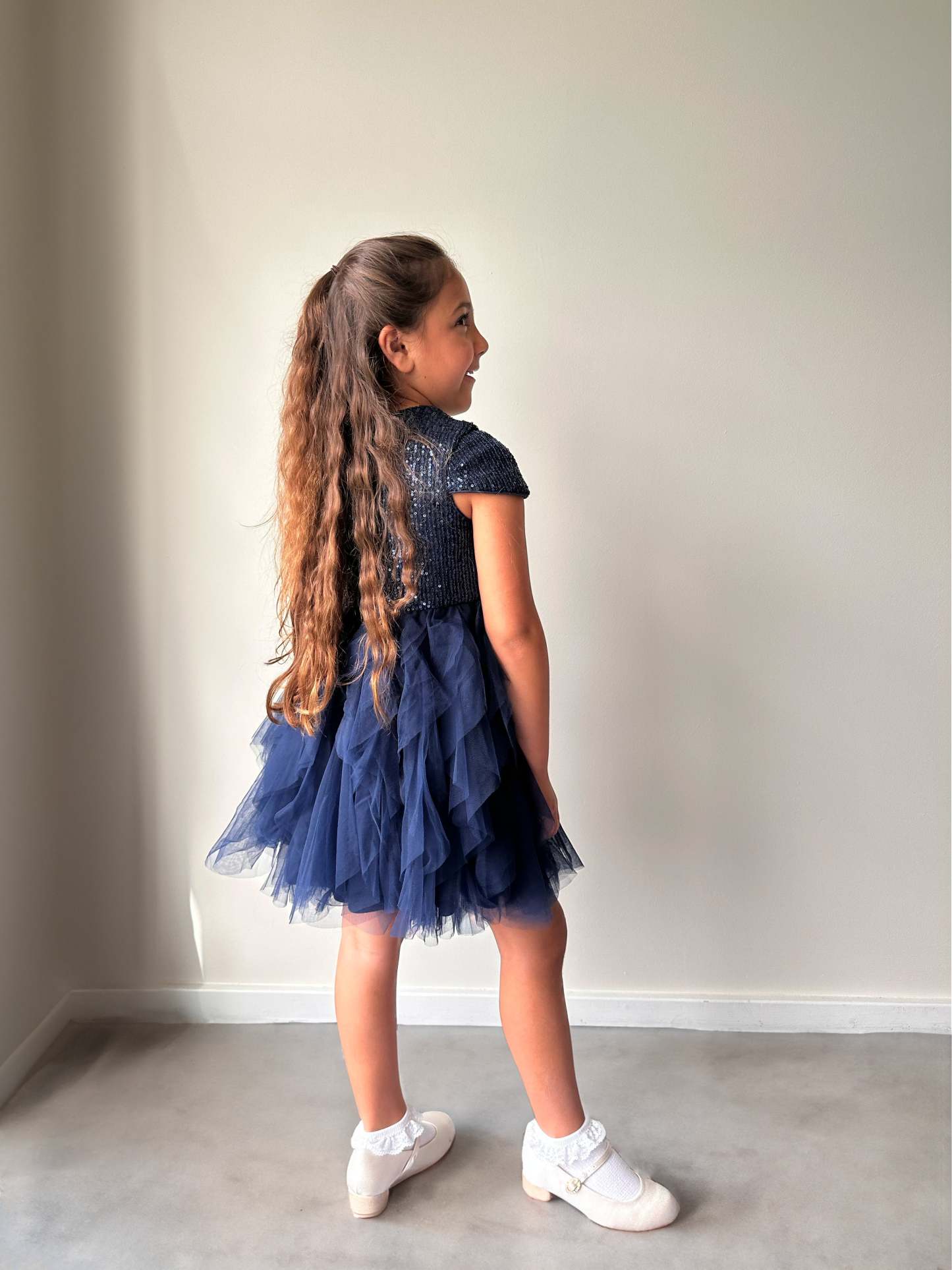 Younger Girls Sequin Tulle Midi Dress in Navy