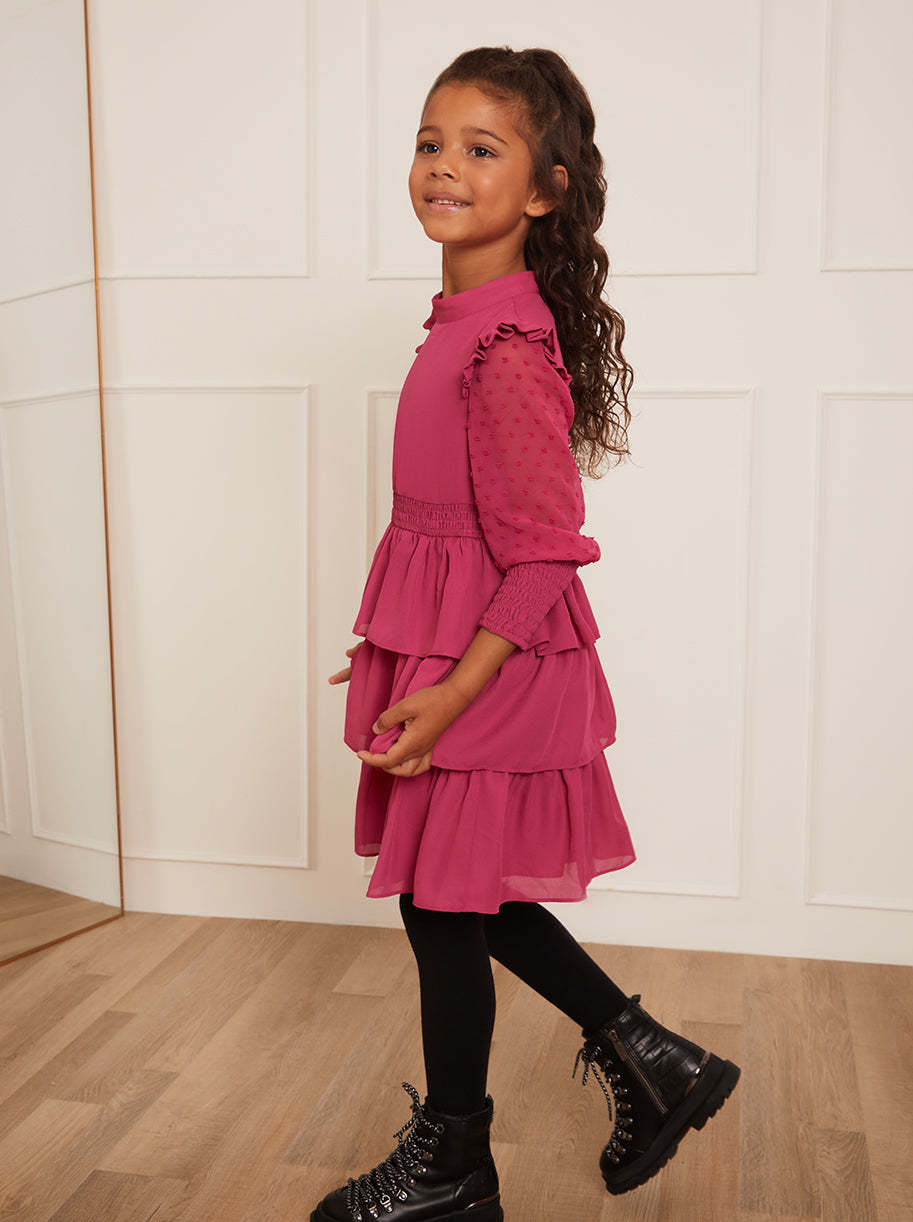 Younger Girls Long Sleeve Tiered Midi Dress in Pink