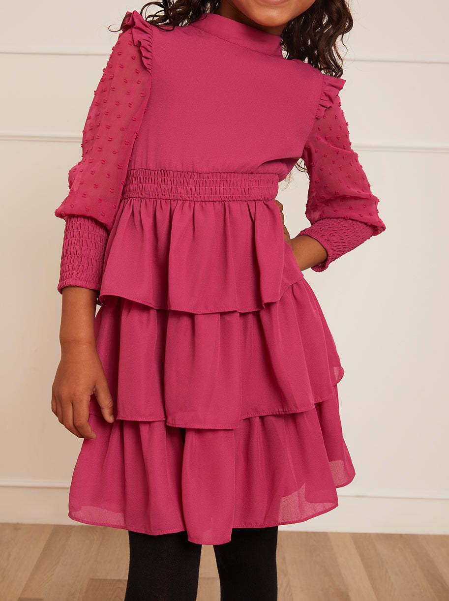 Younger Girls Long Sleeve Tiered Midi Dress in Pink