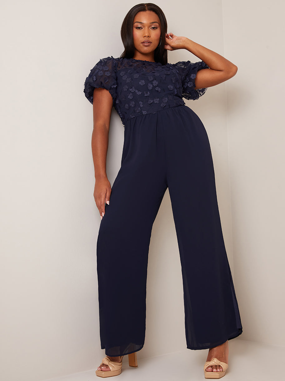 Flutter Sleeve Lace Wide Leg Jumpsuit in Navy