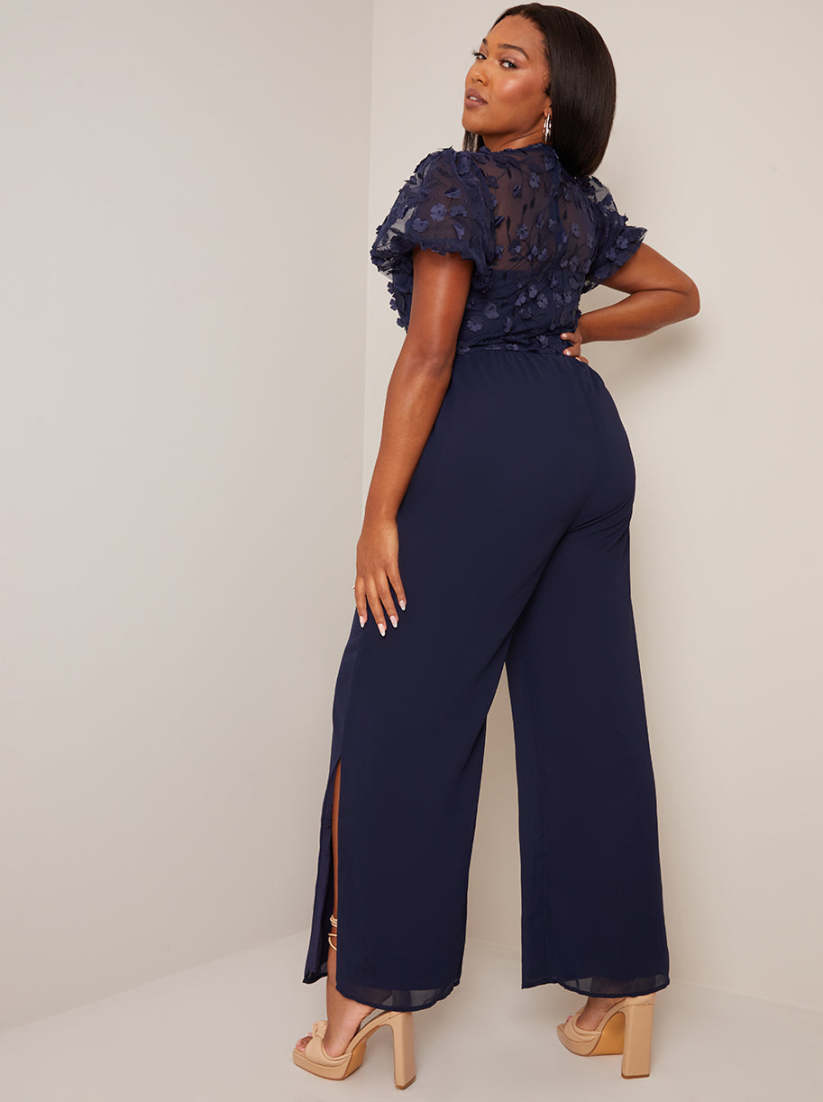 Chiffon Cap Sleeve Scoop Neck Wide Leg Pantsuit Flamingo