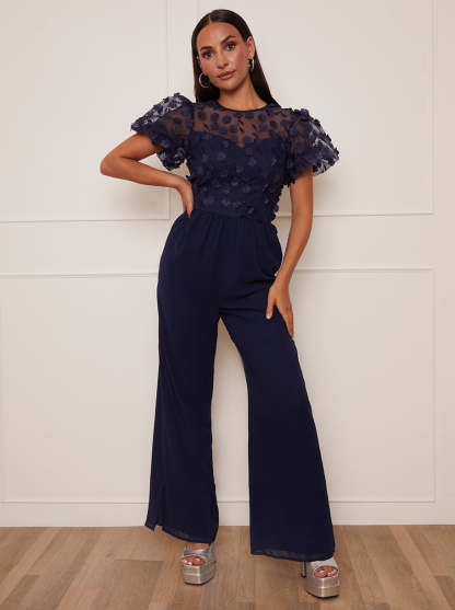 Petite Flutter Sleeve Lace Wide Leg Jumpsuit in Navy