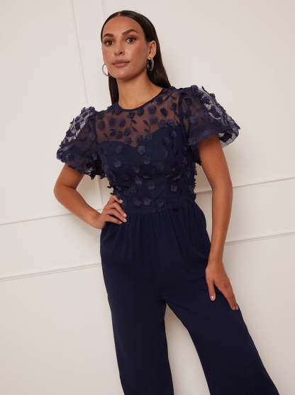 Petite Flutter Sleeve Lace Wide Leg Jumpsuit in Navy