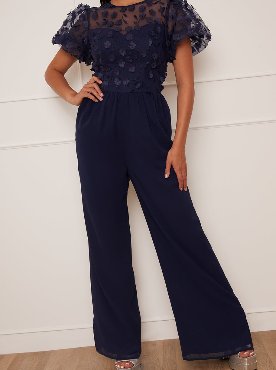 Petite Flutter Sleeve Lace Wide Leg Jumpsuit in Navy