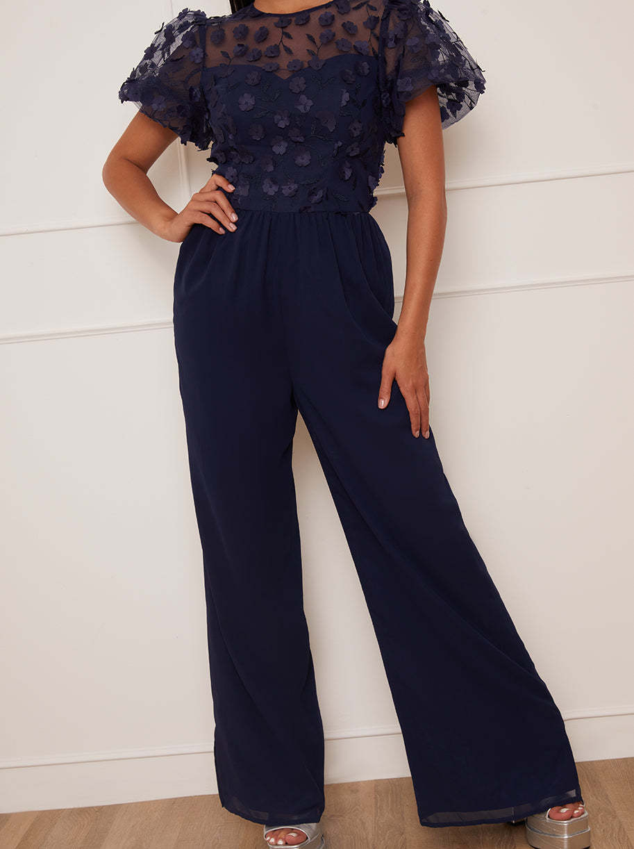 Petite Flutter Sleeve Lace Wide Leg Jumpsuit in Navy