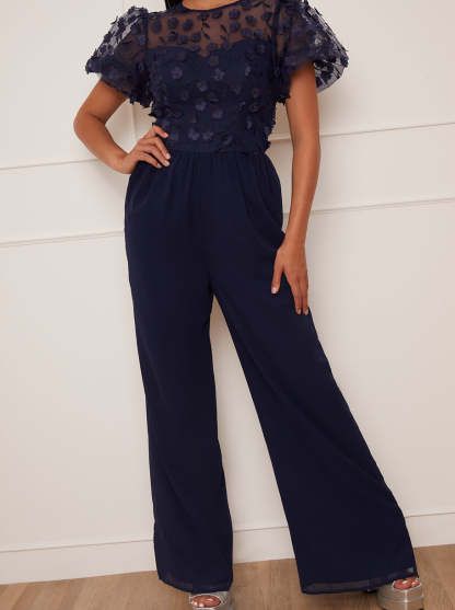 Petite Flutter Sleeve Lace Wide Leg Jumpsuit in Navy