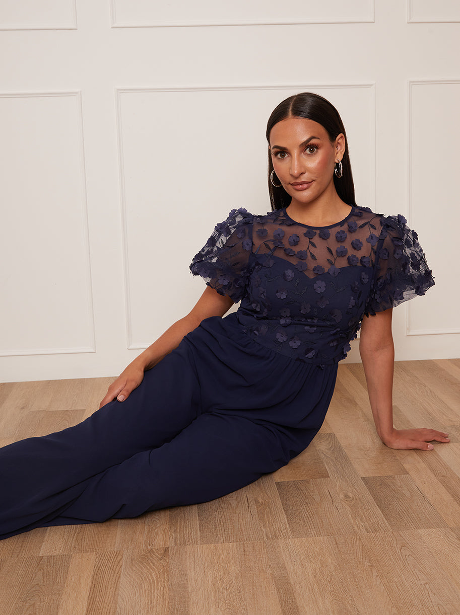 Petite Flutter Sleeve Lace Wide Leg Jumpsuit in Navy