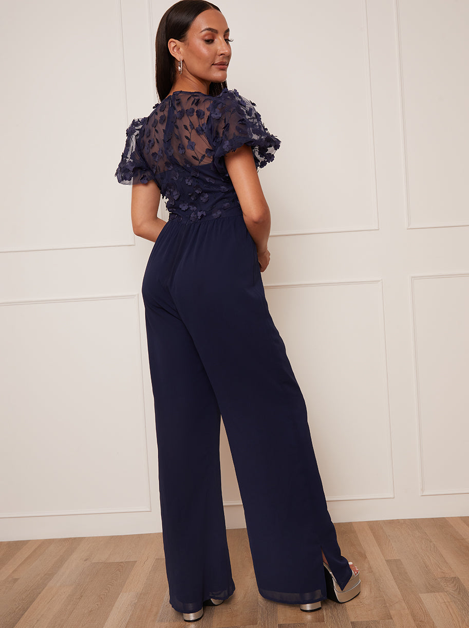 Petite Flutter Sleeve Lace Wide Leg Jumpsuit in Navy