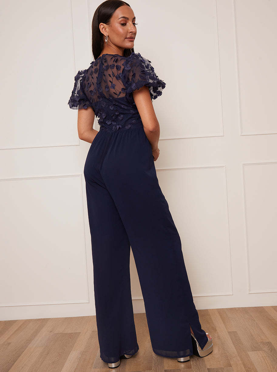 Petite Flutter Sleeve Lace Wide Leg Jumpsuit in Navy