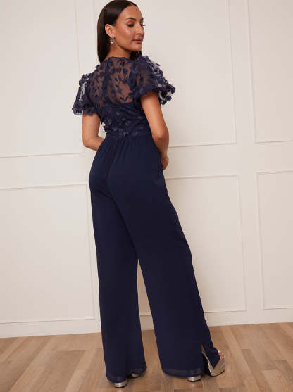 Petite Flutter Sleeve Lace Wide Leg Jumpsuit in Navy