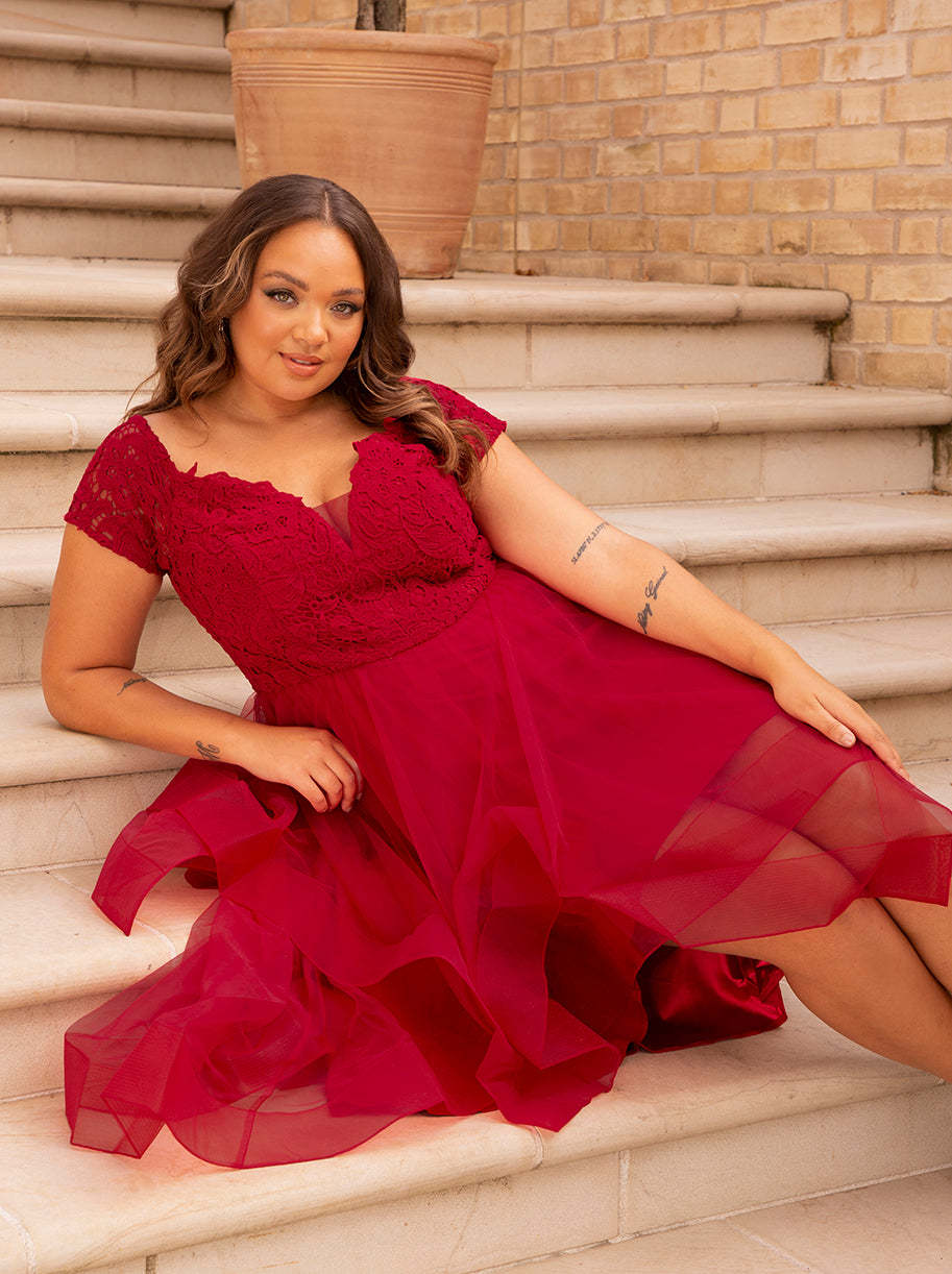 Plus Size Bardot Premium Lace Dip Hem Dress in Red
