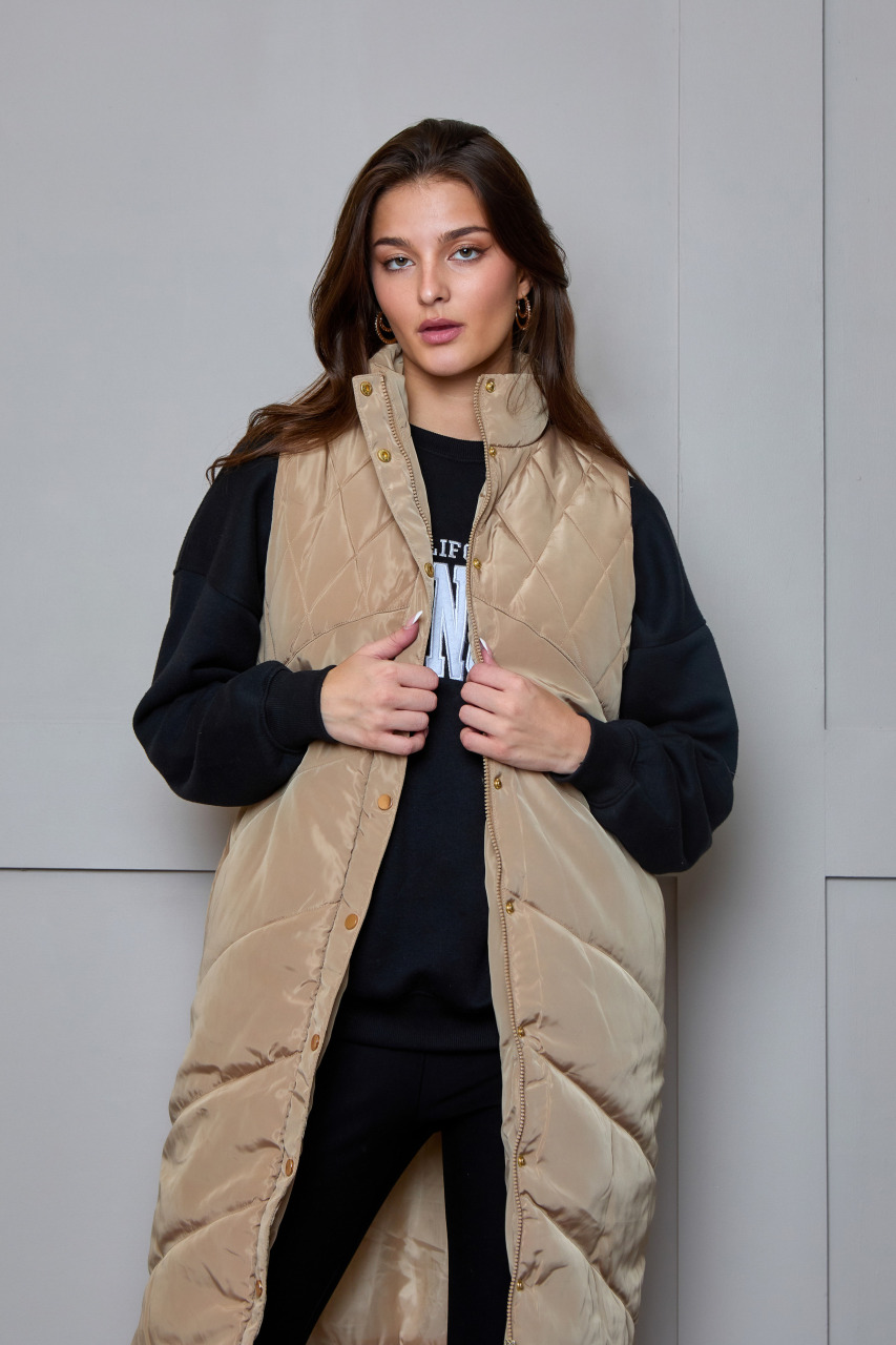 Diamond Quilt Detail Longline Padded Gilet in Tan