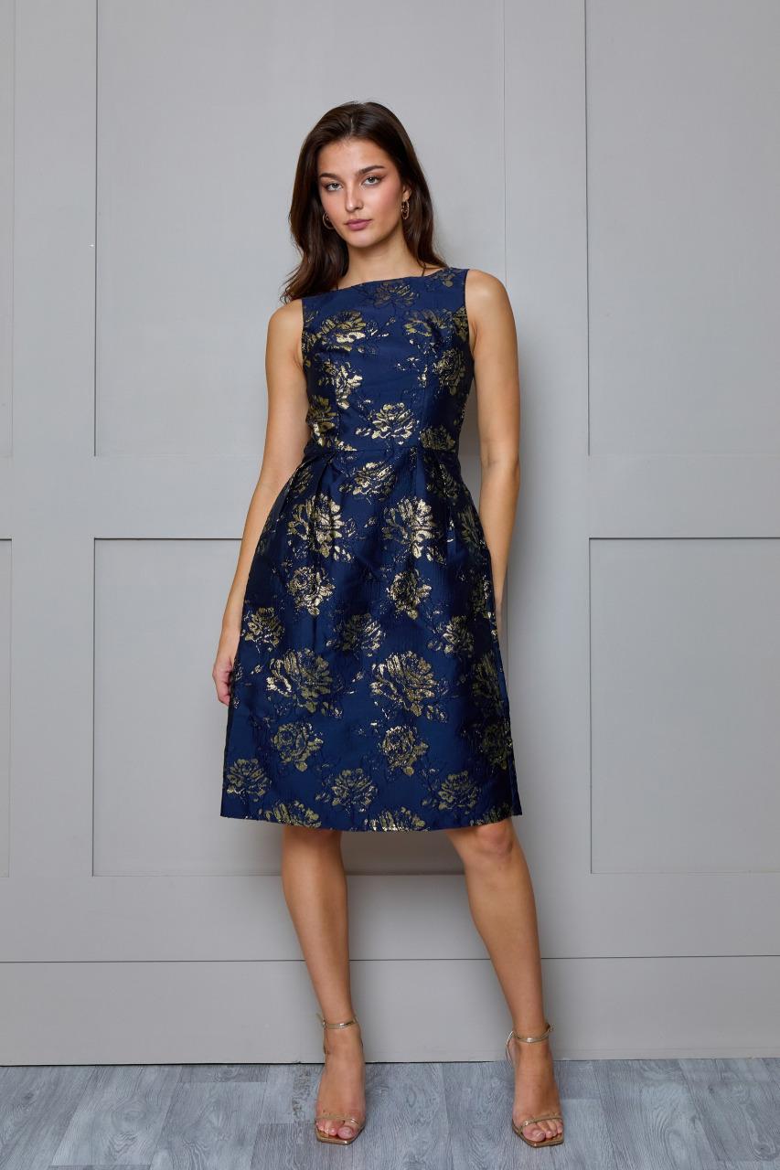 Sleeveless Floral Jacquard Mid Dress in Navy