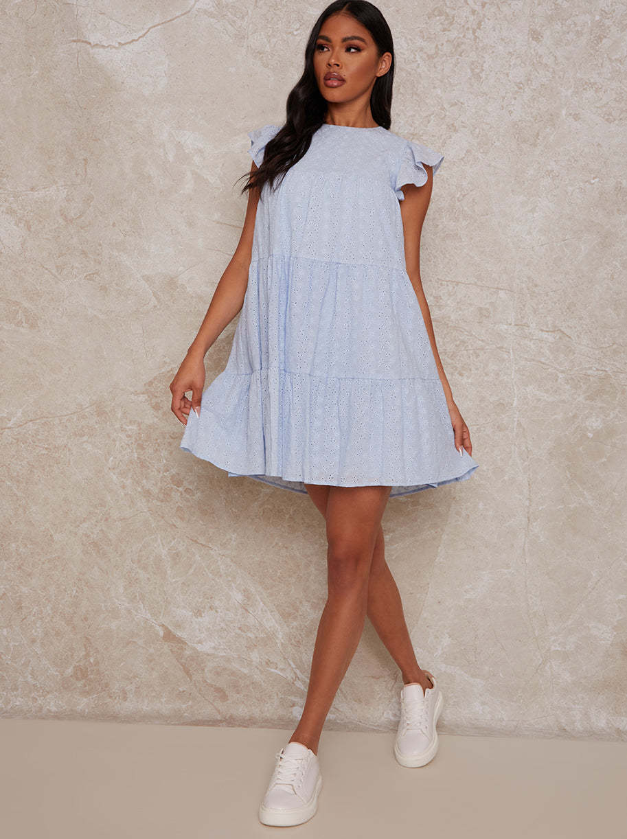 Broderie Anglaise Mini Day Dress in Blue