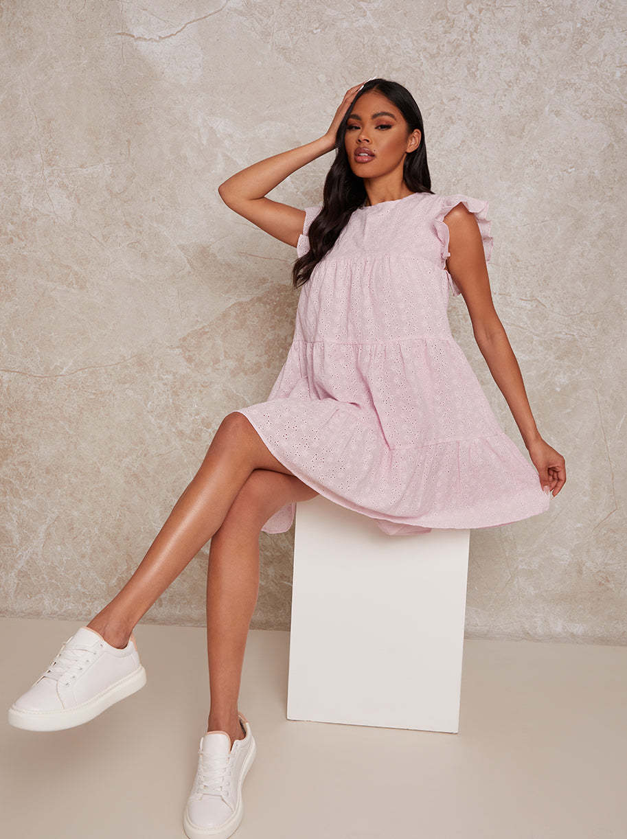 Broderie Anglaise Mini Day Dress in Pink