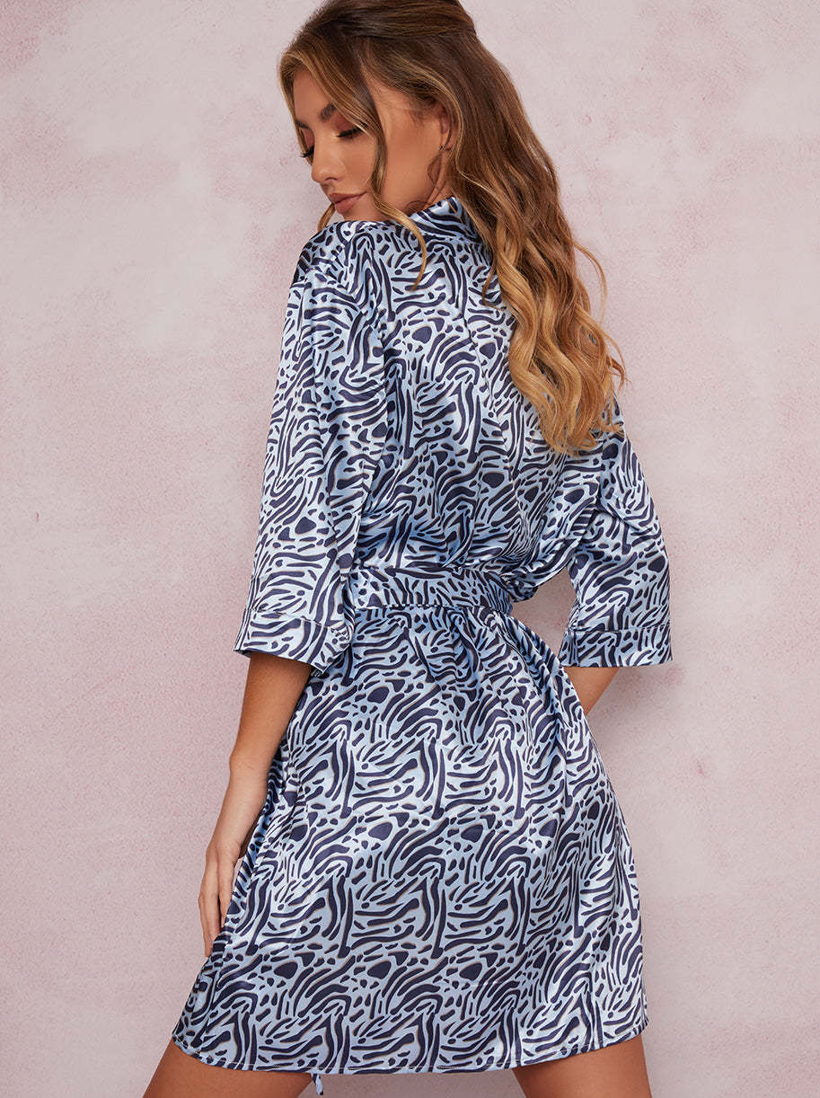Satin Feel Animal Print Wrap Robe in Blue