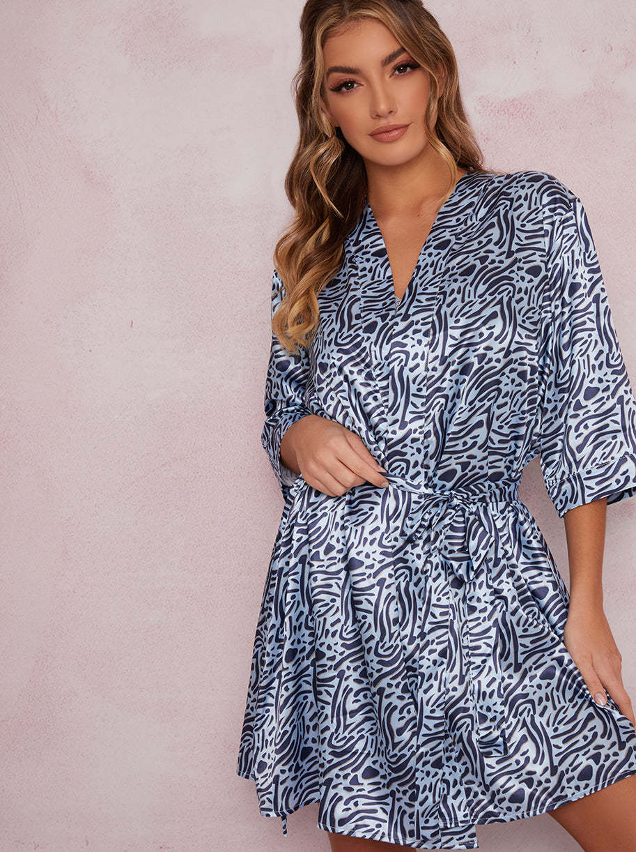 Satin Feel Animal Print Wrap Robe in Blue