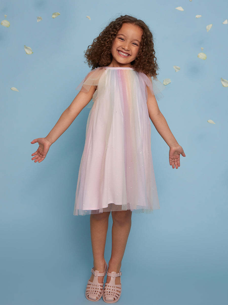 Girls Short Sleeve Rainbow Tulle Midi Dress in Multicolour