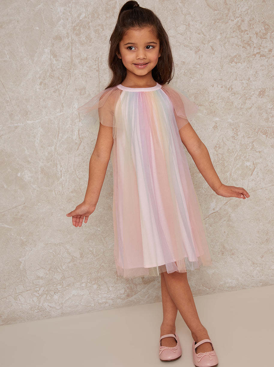 Girls Short Sleeve Rainbow Tulle Midi Dress in Multicolour