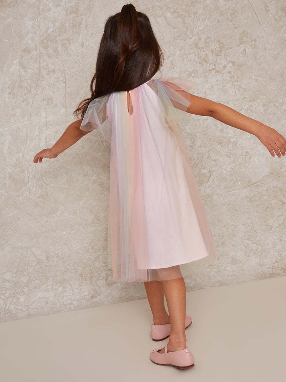 Girls Short Sleeve Rainbow Tulle Midi Dress in Multicolour