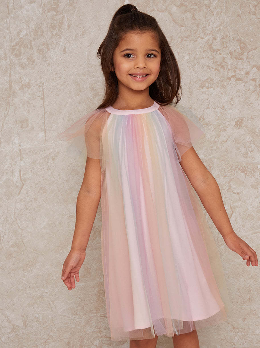 Girls Short Sleeve Rainbow Tulle Midi Dress in Multicolour