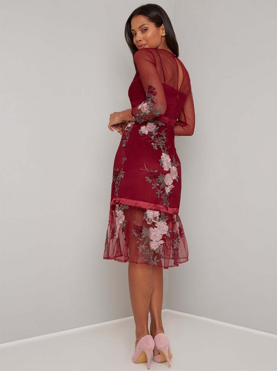 Sheer Sleeve Lace Peplum Hem Midi Dress in Red