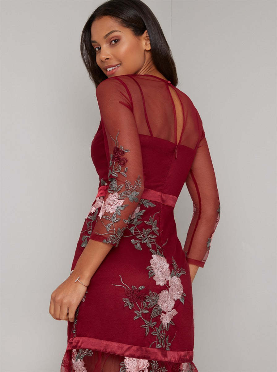 Sheer Sleeve Lace Peplum Hem Midi Dress in Red