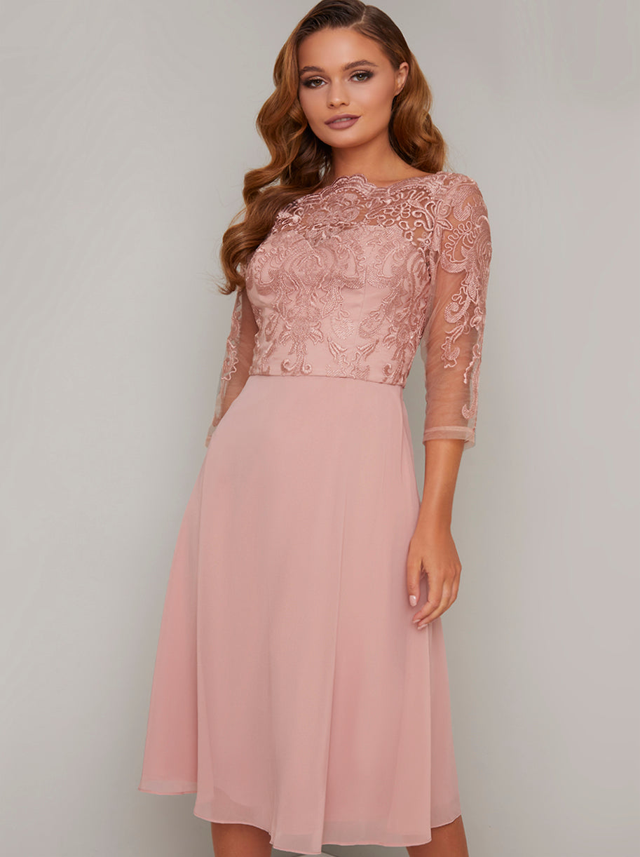 Rose Gold Midi Lace Bodice Dress – Chi Chi London