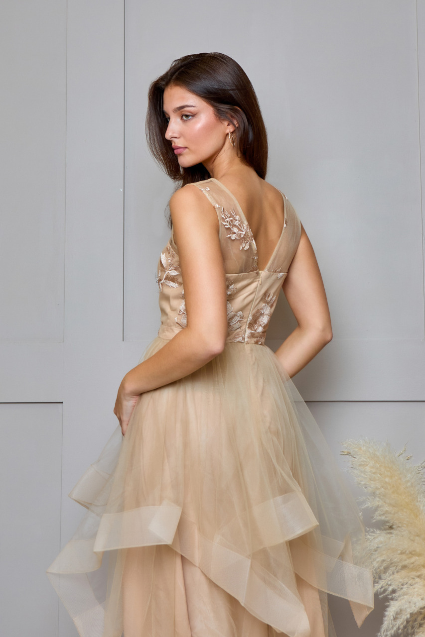 V Neck Embroidered Dip Hem Midi Dress in Beige