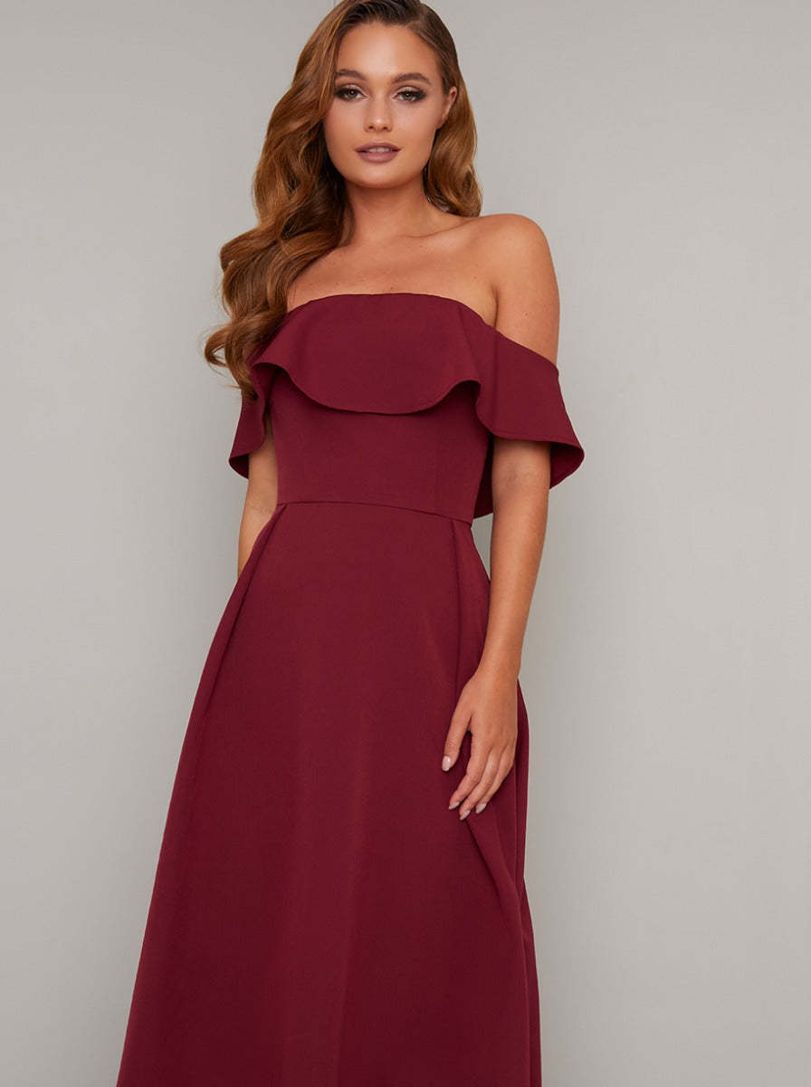 Bardot Dip Hem Midi Dress in Red Chi Chi London