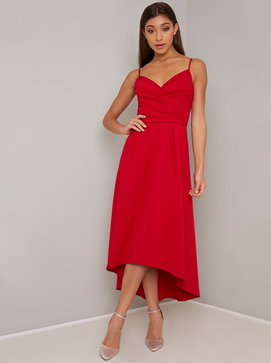 Cami Strap Plain Dip Hem Midi Dress in Red