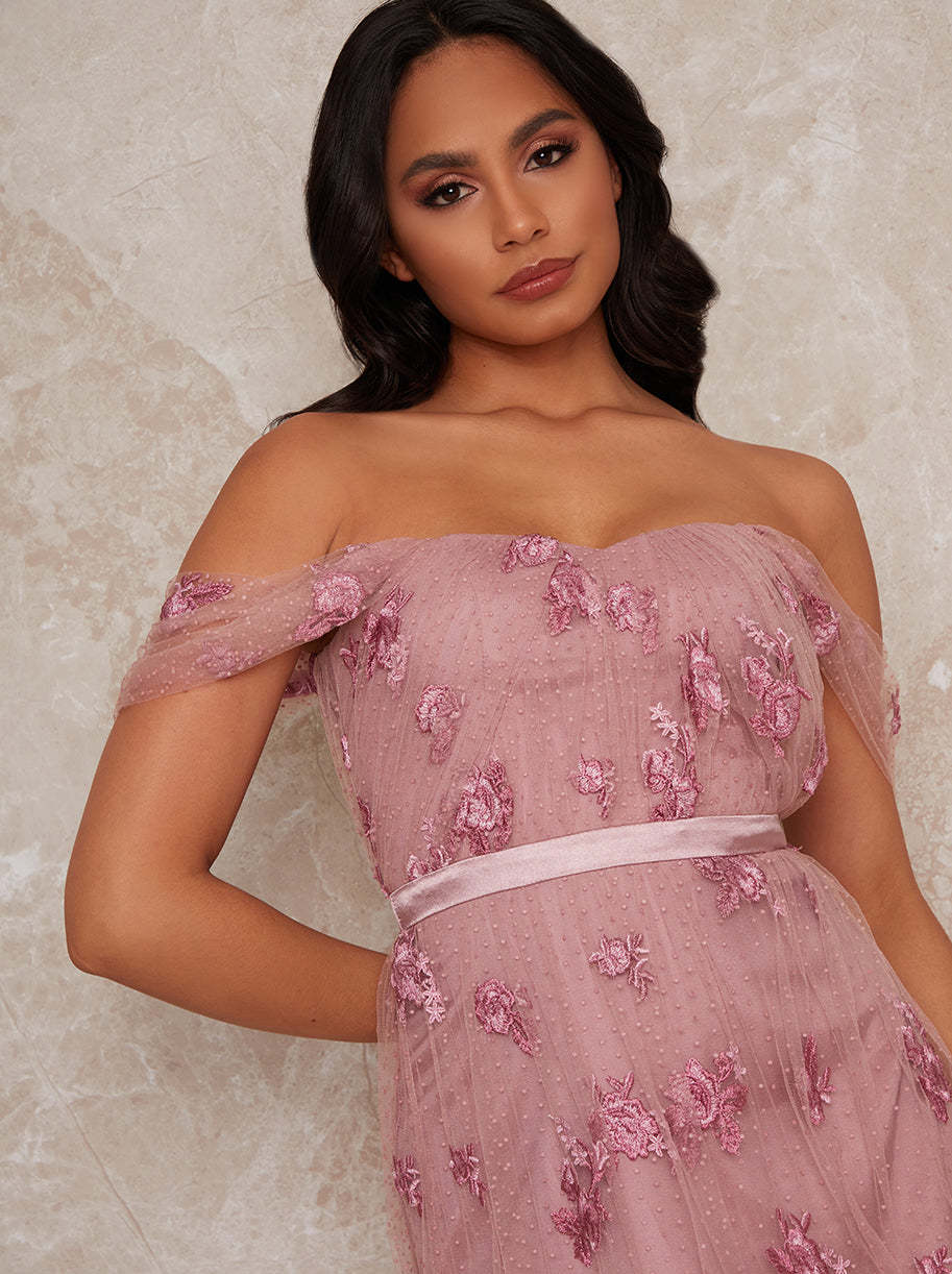 Lace Bardot Maxi Dress in Pink