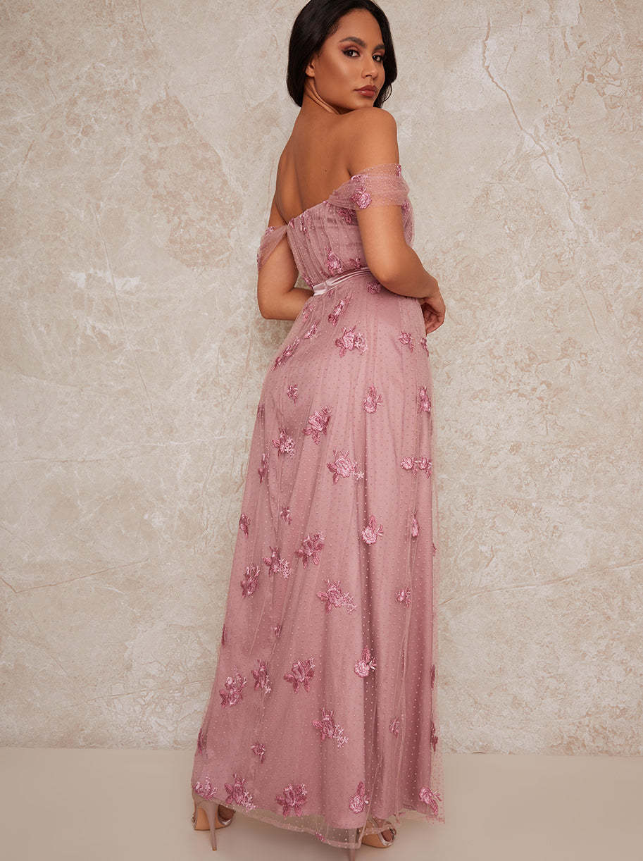 Lace Bardot Maxi Dress in Pink