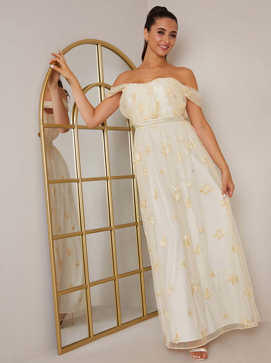 Bardot Embroidered Floral Lace Maxi Dress in Cream