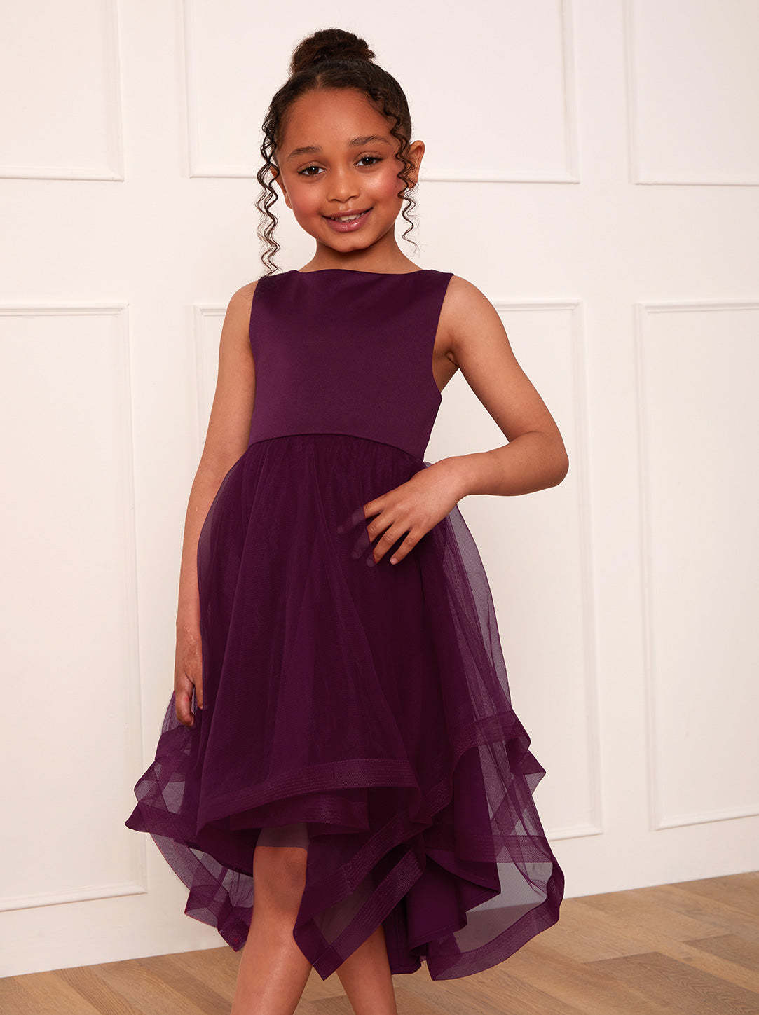 Girls Tulle Layered Midi Dress in Berry