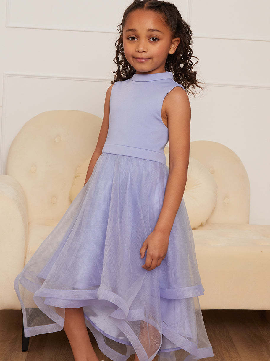 Younger Girls Tulle Layered Midi Dress in Blue