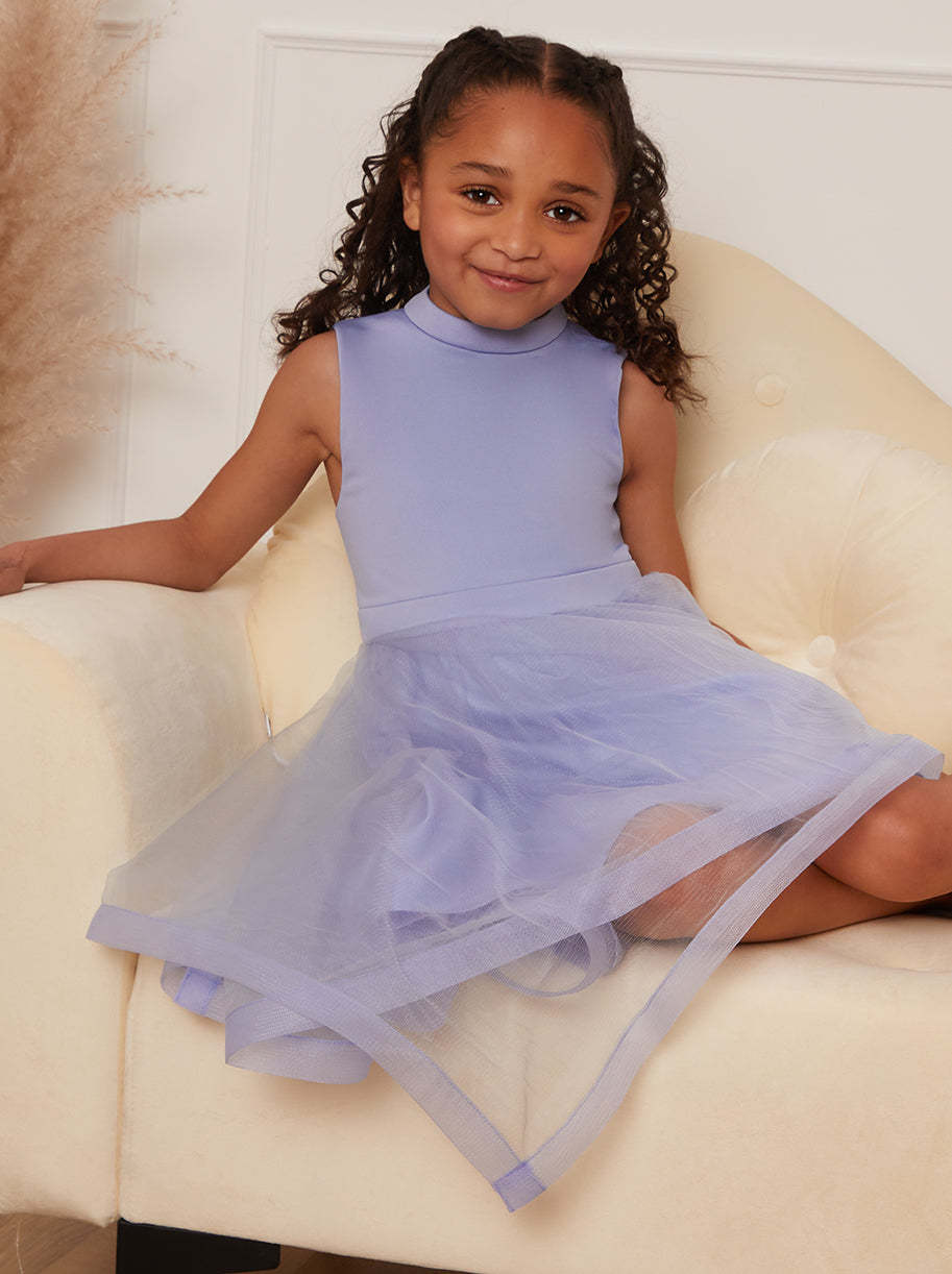Younger Girls Tulle Layered Midi Dress in Blue