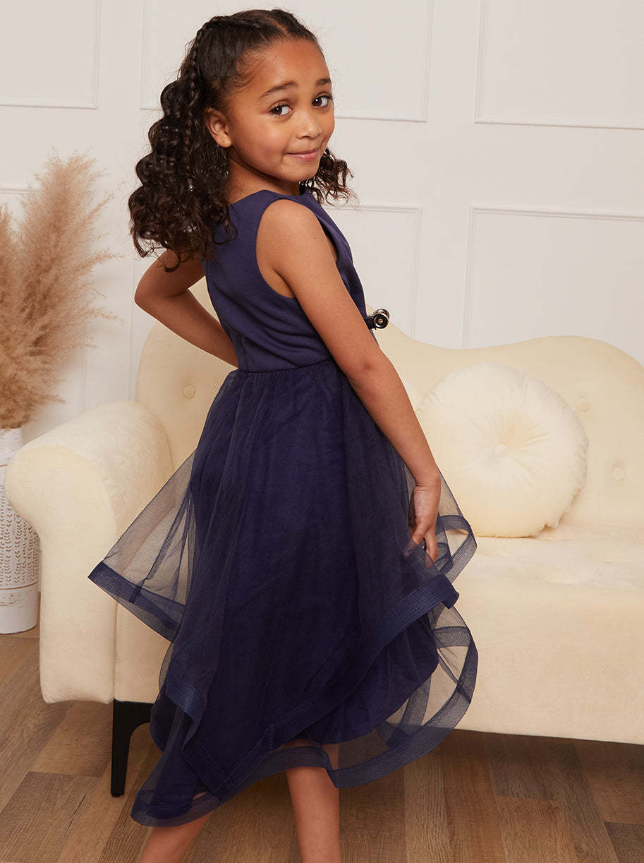 Younger Girls Tulle Layered Midi Dress in Navy
