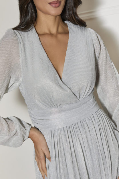Long Sleeve Glitter Plisse Wrap Midi Dress in Silver