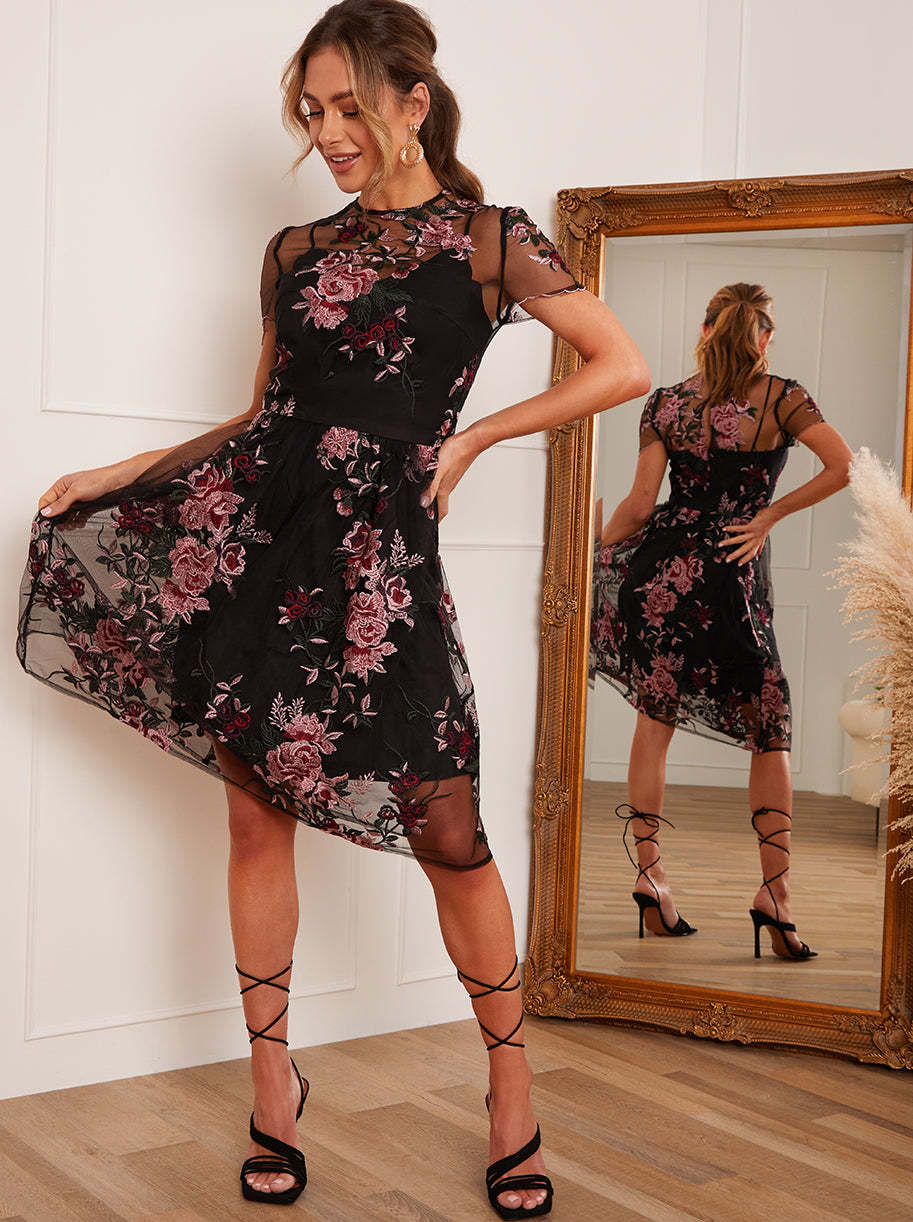 Floral Embroidered Overlay Midi Dress in Black Chi Chi London