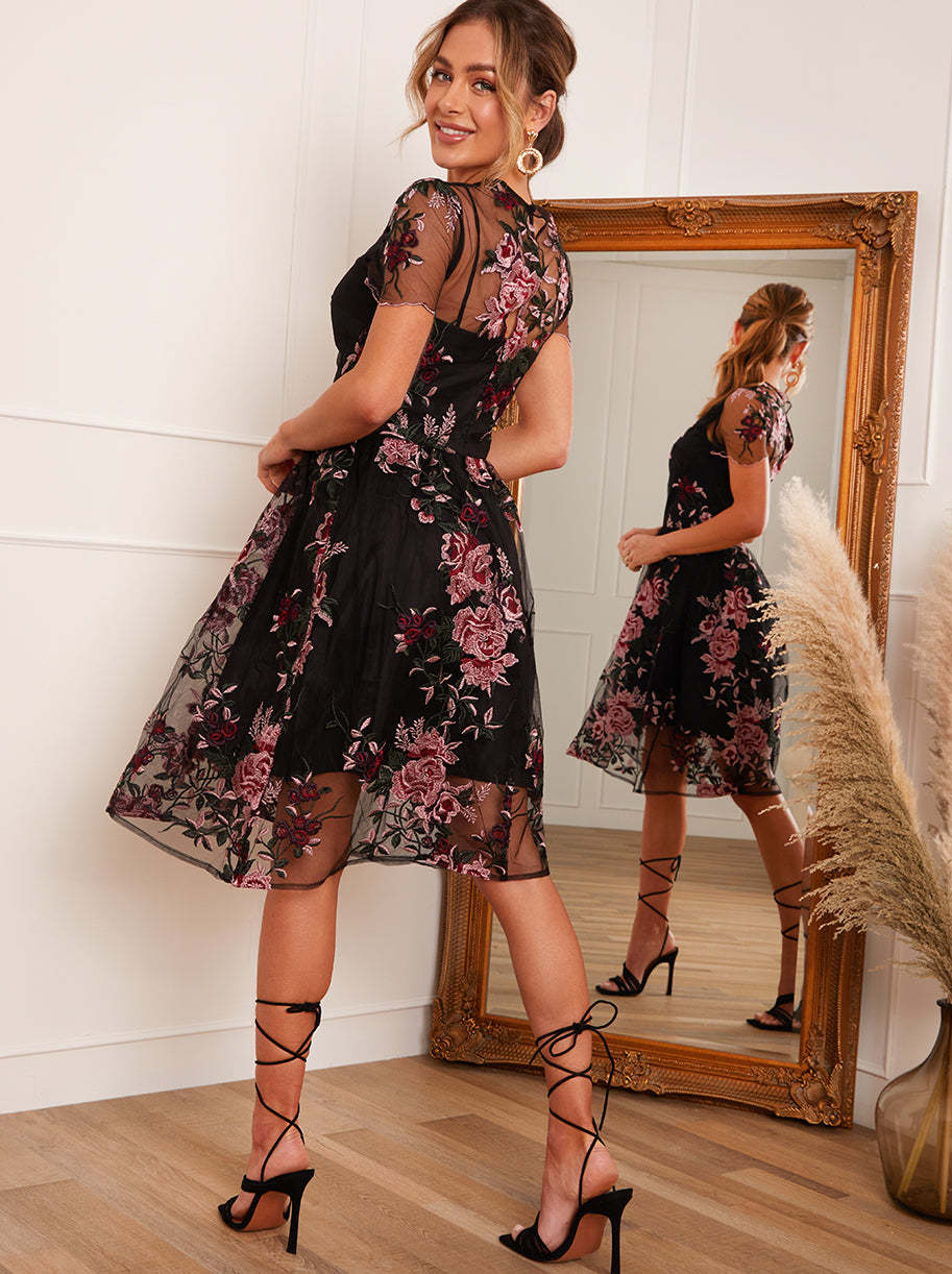 Floral Embroidered Overlay Midi Dress in Black Chi Chi London