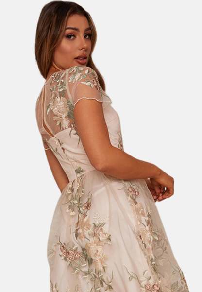 Floral Embroidered Mesh Overlay Midi Dress in Nude Chi Chi London