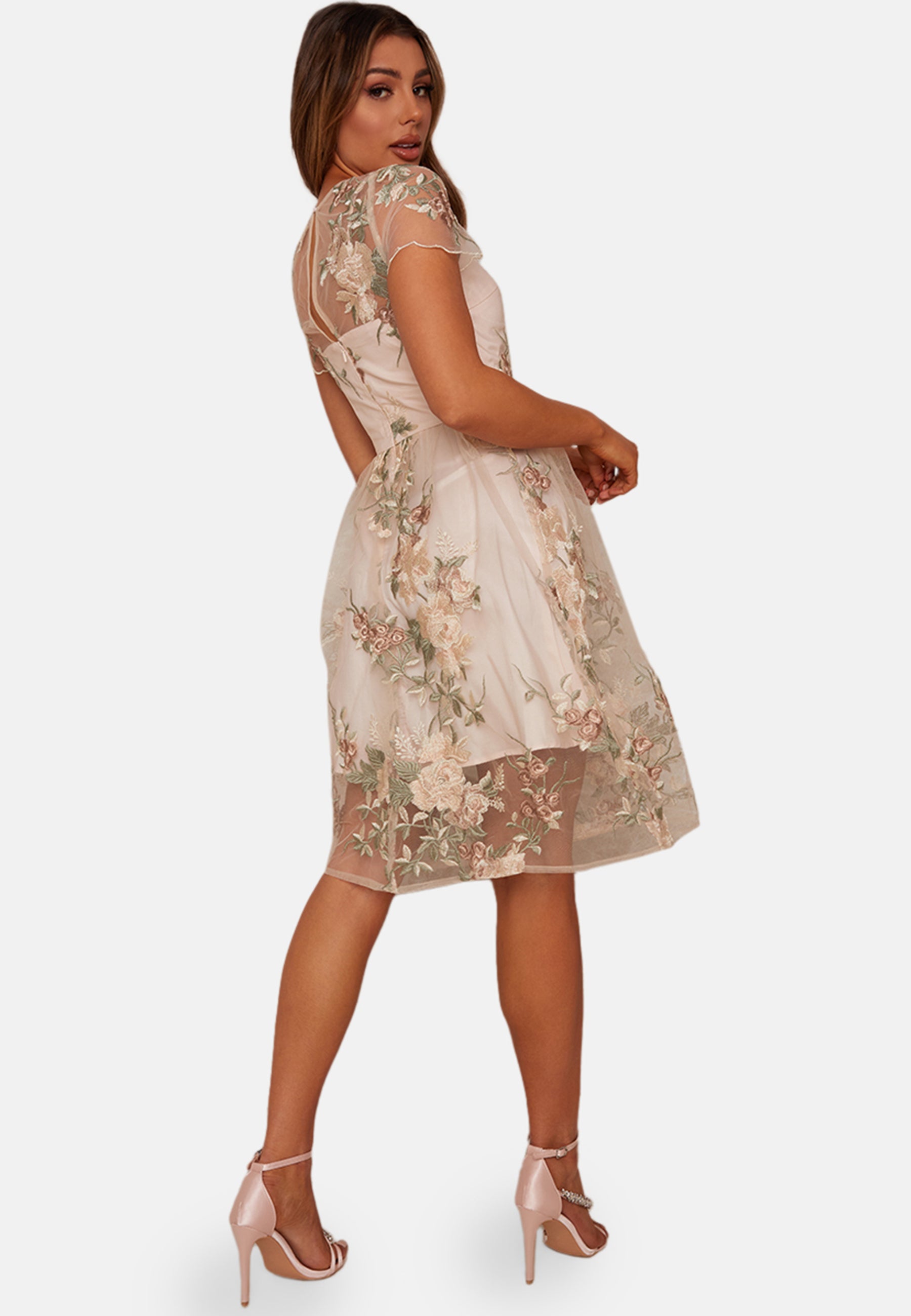 Floral Embroidered Mesh Overlay Midi Dress in Nude | Chi Chi London UK