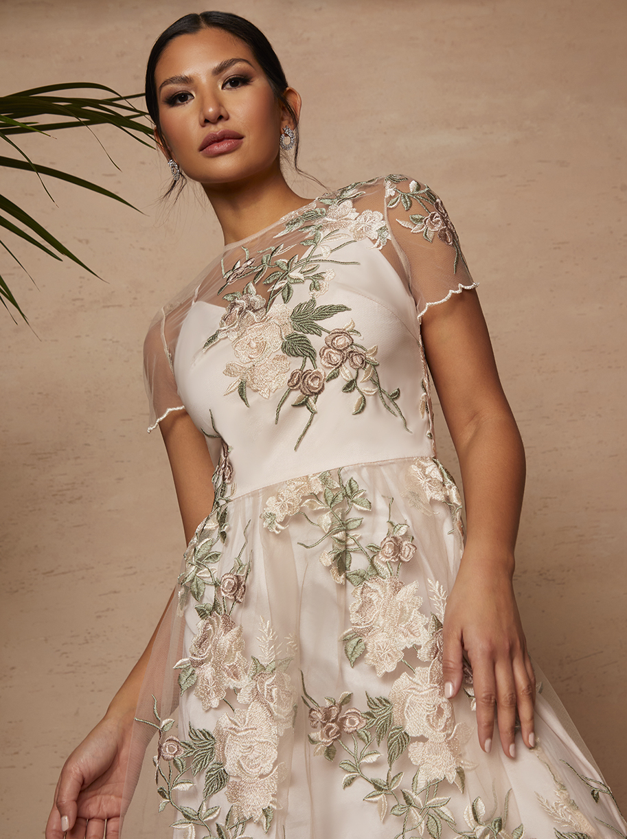 Floral Embroidered Mesh Overlay Midi Dress in Cream
