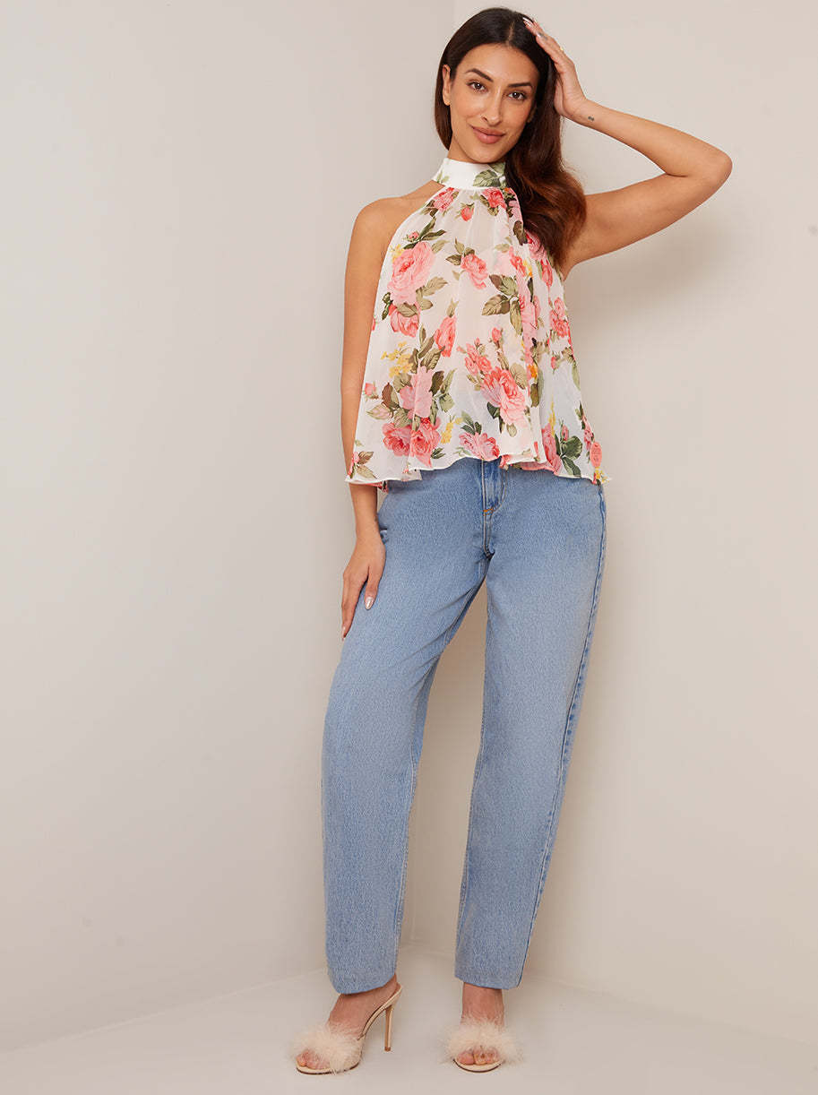 High Neck Floral Chiffon Top in White