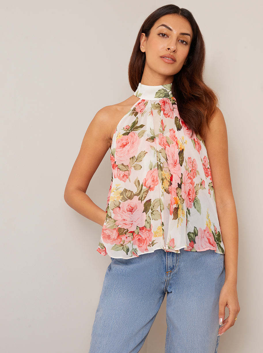 High Neck Floral Chiffon Top in White