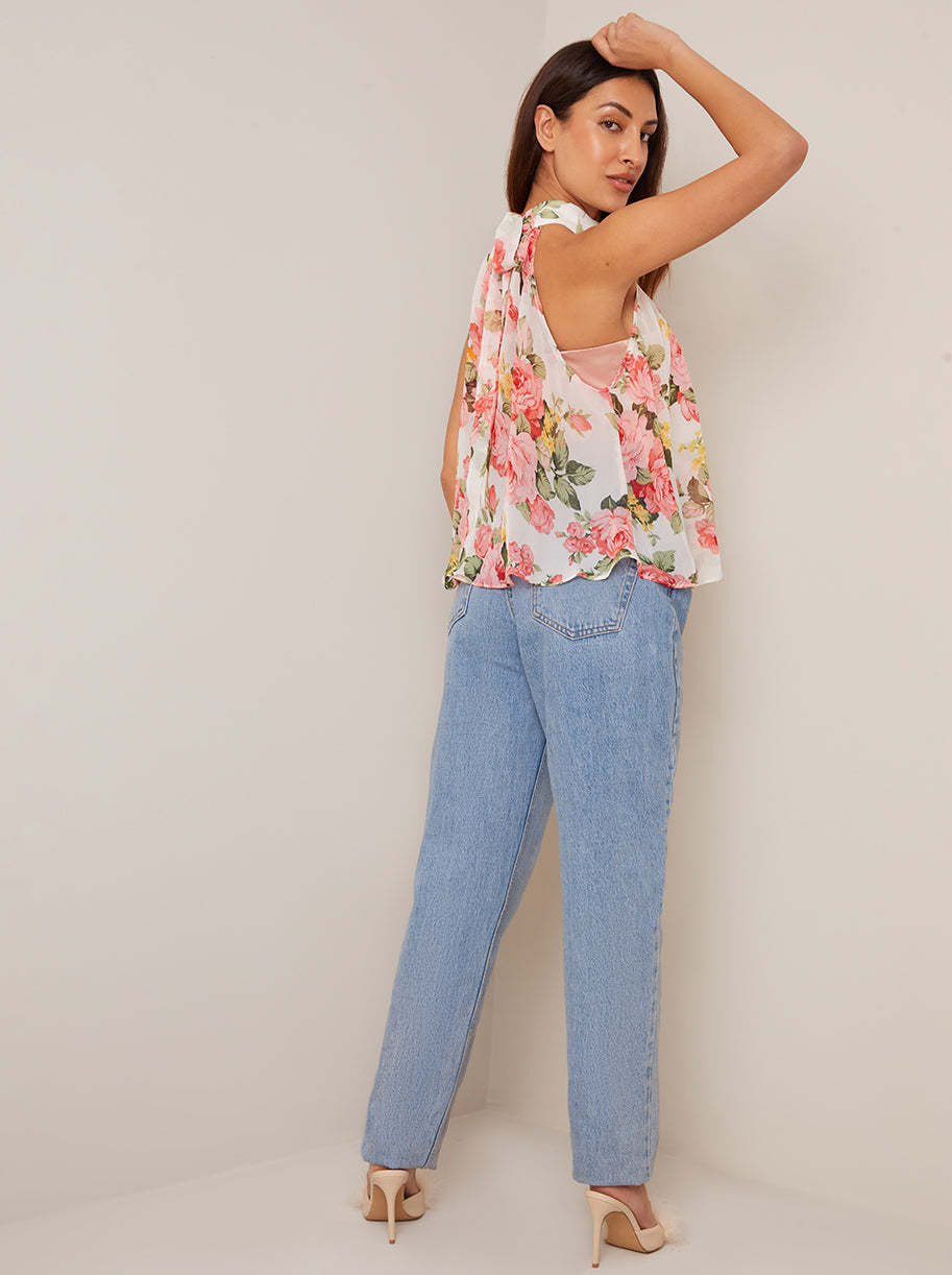 High Neck Floral Chiffon Top in White