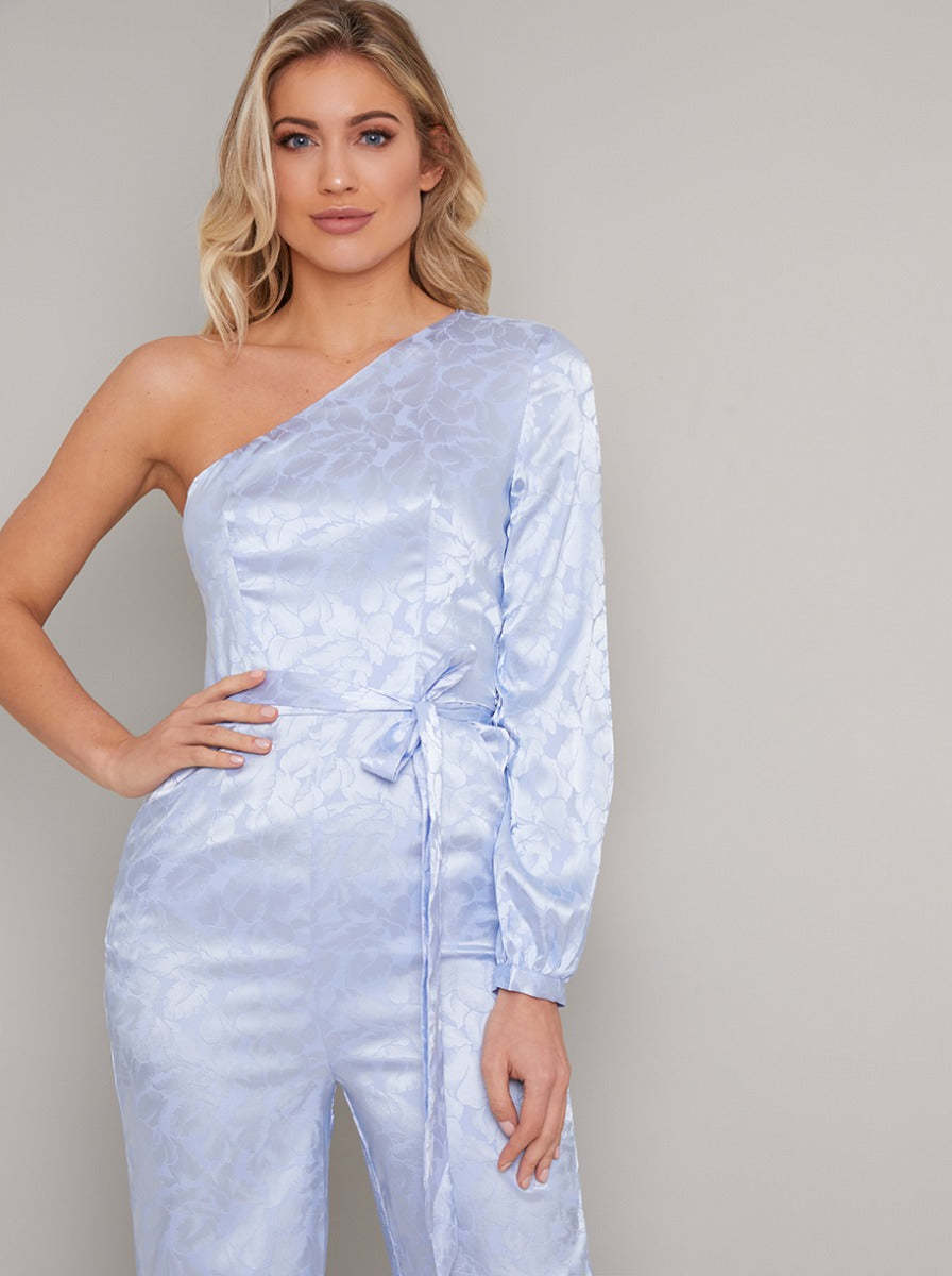 One Shoulder Tie Waist Straight Leg Jumpsuit in Blue