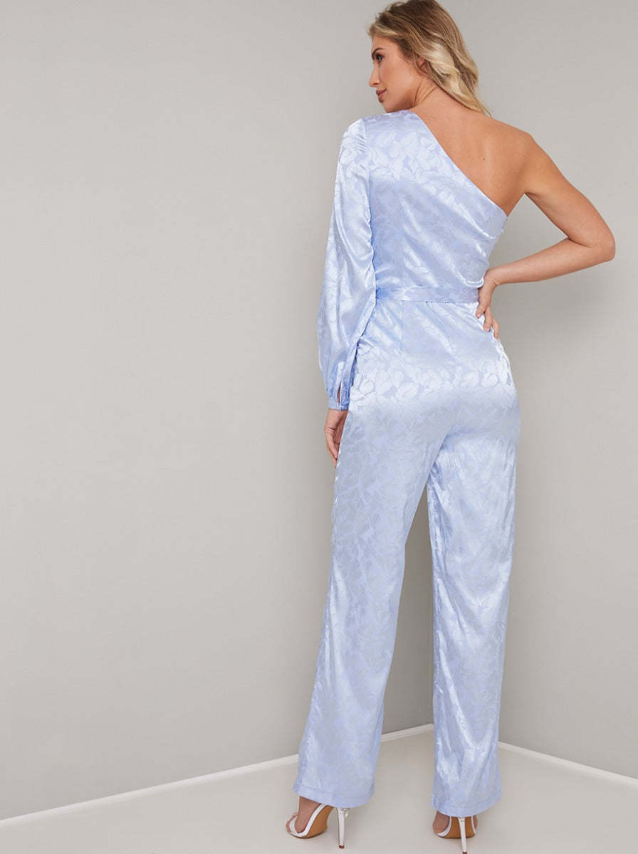 One Shoulder Tie Waist Straight Leg Jumpsuit in Blue